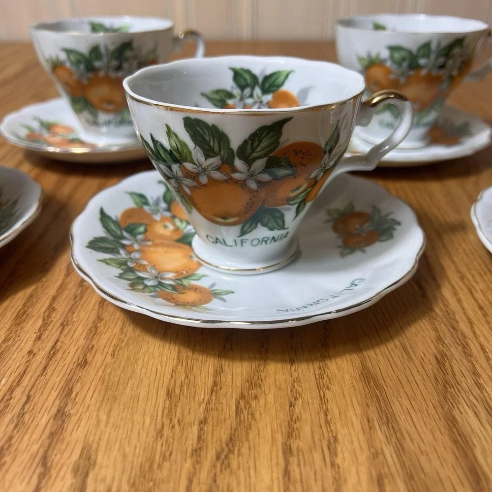VTG California Orange Tea Cups & Saucers Set of 5 E.W. Princess Hand Painted